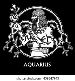 Zodiac sign Aquarius.  Character of Sumerian mythology. The linear drawing, white contour isolated on a black background. Vector illustration. Print, posters, t-shirt, textiles.