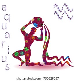 Zodiac sign Aquarius, claret vector silhouette with stylized multicolor stars isolated on the white background