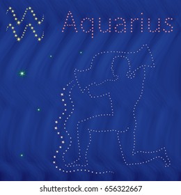 Zodiac sign Aquarius contour with tiny stars on the background of blue wavy starry sky, vector illustration