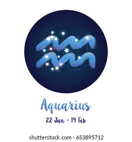 Zodiac sign Aquarius in cosmic stars space with Aquarius constellation icon. Starry night sky inside circle background. Galaxy space vector design for horoscope icon, cards, posters, fortune telling.