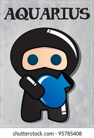 Zodiac sign Aquarius with cute black ninja character, vector