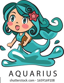 Zodiac sign of Aquarius cute girl illustration vector, January 20 - February 18. Future telling, horoscope, alchemy, spirituality, occultism, fashion.