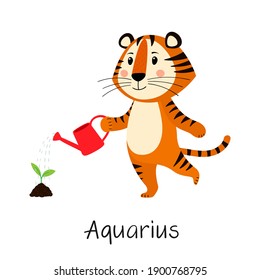 Zodiac sign Aquarius. Cute tiger waters plant from watering can. Concept of horoscope for 2022, year of tiger according to Chinese calendar. Vector stock flat hand-drawn illustration isolated on white