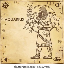 Zodiac sign Aquarius. Drawing based on motives of Sumerian art. Full growth. Background - imitation of old paper, space symbols. The place for the text. Vector illustration.