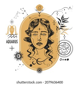 Zodiac sign Aquarius, the element of air. Vector illustration with a portrait of a beautiful girl with wavy locks of hair. Zodiac sign with elements of astrology of this sign. Stars, symbols, eucalypt