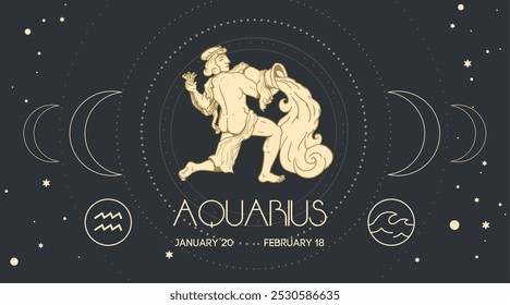 Zodiac sign Aquarius in engraving hand drawn style. Retro astrological sign Water Bearer design template. Vector illustration.