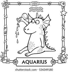 Zodiac sign Aquarius. Fantastic animation animal, linear drawing. Vector illustration, be used for coloring book.