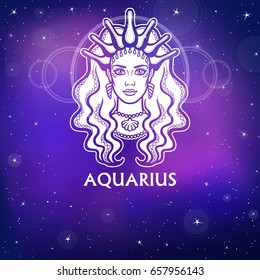 Zodiac sign Aquarius .   Fantastic princess, animation portrait. White drawing, background - the night stellar sky. Vector illustration.