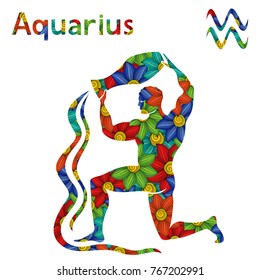 Zodiac sign Aquarius with filling of colorful stylized flowers on a white background, vector illustration