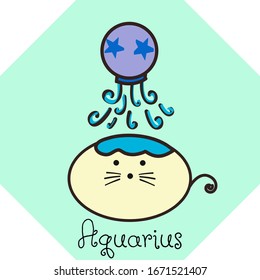 Zodiac sign Aquarius, hand drawn cute cartoon vector with light cream rat/ seal/ otter/ sea lion with blue hair and violet water bearer  isolated on the light green background