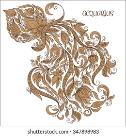 Zodiac sign - Aquarius. Hand drawn doodle scorpion with elements of the ornament in ethnic style, of lace flowers, tendrils and leaves . Vector illustration, Isolated on white.