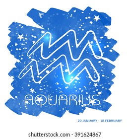 Zodiac sign AQUARIUS. Hand drawn vector scribble. Icons on a water color star background.