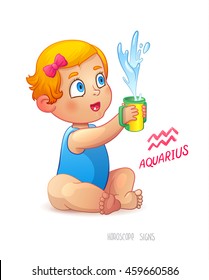 Zodiac sign Aquarius. Happy babygirl enjoys splashes in feeding cup. Water Game. Horoscope