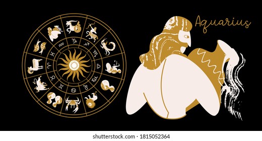 Zodiac sign Aquarius. Horoscope and astrology. Full horoscope in the circle. Horoscope wheel zodiac with twelve signs vector. 