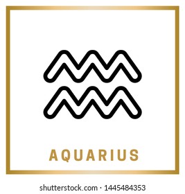 Zodiac sign. Aquarius. Horoscope. Isolated black icon on a white background with a golden inscription. Vector illustration