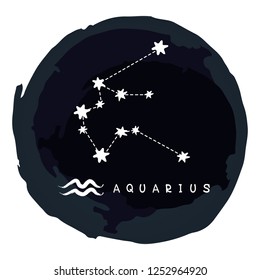 Zodiac sign Aquarius with ink grunge frame isolated on white background. Zodiac constellation. Design element for horoscope and astrological forecast.