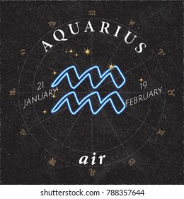 Zodiac Sign Aquarius Inverted Logo and Air Lettering with Aquarius Constellation Stars and Dates in Zodiac Circle - Gold and White Elements on Black Paper Background - Vector Mixed Graphic Design