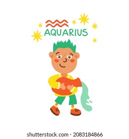 Zodiac sign Aquarius isolated on white background. Cute child character. Zodiac constellation. Vector illustration. Flat design element for horoscope and astrological forecast.
