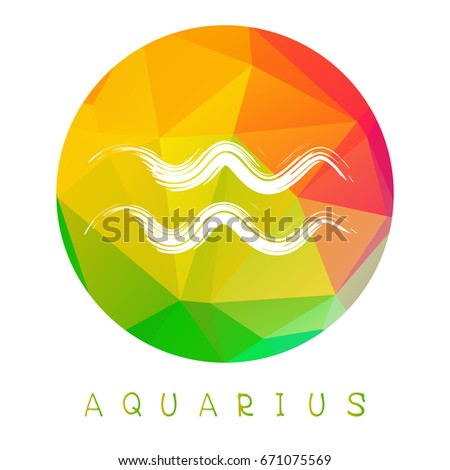 Zodiac sign Aquarius isolated on bright polygonal background. Design element for badges and stickers.