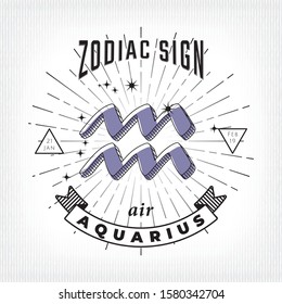 Zodiac Sign Aquarius Logo and Air Lettering with Aquarius Constellation Stars and Dates over Rays Circle - Black on White Striped Background - Vector Vintage Graphic Design