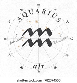 Zodiac Sign Aquarius Logo and Air Lettering with Aquarius Constellation Stars and Dates in Zodiac Circle - Black and Beige Elements on White Rough Paper Background - Vector Vintage Graphic Design