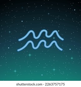 Zodiac sign Aquarius on the background of the starry sky. Glowing vector symbol. The concept of horoscope, destiny, constellations, astrology, esoteric. Vector illustration