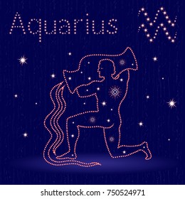 Zodiac sign Aquarius on the starry sky, hand drawn vector illustration with stylized stars over blue background