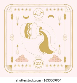 Zodiac sign - Aquarius and its planet ruler Uranus. Thin linear vector design.