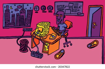 Zodiac sign Aquarius, presented by a young men sitting at office in front of his PC at late  night.