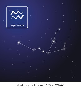 Zodiac sign Aquarius in the starry sky. Schematic representation of the zodiac sign with its name and symbol