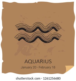 Zodiac sign Aquarius with text frame on craft paper background. Grunge style. Zodiac constellation. Design template for horoscope and astrological forecast.