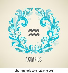 Zodiac sign Aquarius (The Water-Bearer) in Air element wreath. Part of horoscope zodiac signs collection. Vector illustration. Perfect for calendars, greeting cards, horoscopes