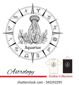 Zodiac sign Aquarius. This illustration can be used as a greeting card or as a print on T-shirts and bags. Decorative, in zentangle style