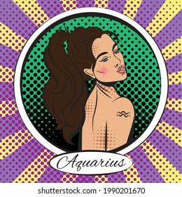 Señal Zodiac Mujer Aquarius. Ilustración vectorial de arte pop. Línea de arte, ideal para carteles, impresiones, postales, colorear libros.	
