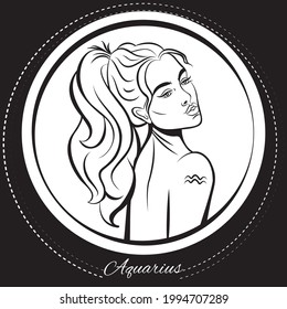 Zodiac sign Aquarius woman. Pop art illustration. Line art, ideal for poster, print, postcard, colouring book.	
