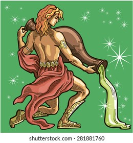 Zodiac sign - Aquarius. Young man with  large amphora. Water outpoured. Vector illustration. Colored. Green background