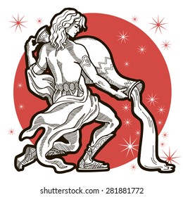 Zodiac sign - Aquarius. Young man with  large amphora. Water outpoured. Vector illustration. Black and white image, red circle