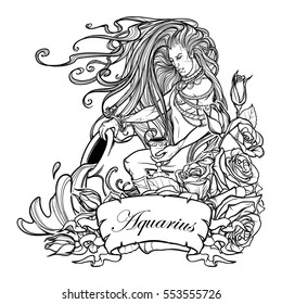 Zodiac sign Aquarius. Young man with long hair holding large amphora. Water flowing out. Frame of roses. Vintage art nouveau style concept art for horoscope, tattoo or colouring book.