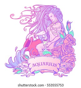 Zodiac sign Aquarius. Young man with long hair holding large amphora. Frame of roses. Water flowing out. Vintage art nouveau style concept art for horoscope or tattoo. Pastel goth palette