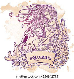 Zodiac sign Aquarius. Young man with long hair holding large amphora. Water flowing out. Frame of roses. Vintage art nouveau style concept art for horoscope, tattoo or colouring book.