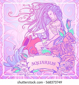 Zodiac sign Aquarius. Young man with long hair holding large amphora. Frame of roses. Water flowing out. Vintage art nouveau style concept art for horoscope or tattoo. Pastel goth palette