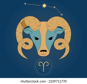 Zodiac sign - Aries. The animal is depicted on a dark blue background with the constellation Aries. Vector Illustration. 