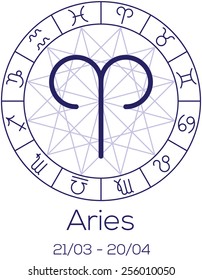 Zodiac sign - Aries. Astrological chart with symbols in wheel with polygonal background. Deep blue color with caption and dates. Vector illustration.