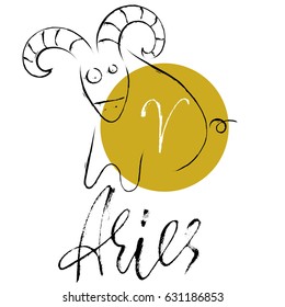 Zodiac sign of Aries. Astrology vector illustration. Sketch isolated on white background. Handwritten lettering design