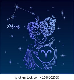 Zodiac sign Aries as a beautiful girl. The Constellation Of Aries. Night sky.  Horoscope. Astrology. Victor