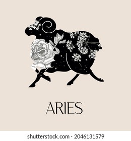 Zodiac sign Aries. Black silhouette with white flowers. The symbol of the astrological horoscope. 