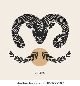 Zodiac sign Aries in boho style. Trendy vector illustration.