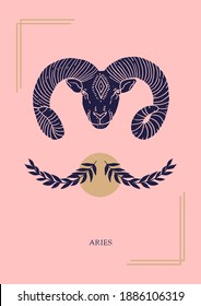 Zodiac sign Aries in boho style on the pink background. Trendy vector illustration.