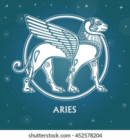 Zodiac sign Aries. Character of Sumerian mythology. Background - the star sky. Vector illustration.