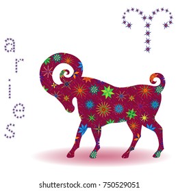 Zodiac sign Aries, claret vector silhouette with stylized multicolor stars isolated on the white background